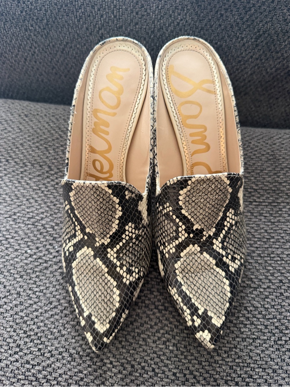 Sam Edelman Pointed Snake-Print Slip-On Mules in Black and Tan